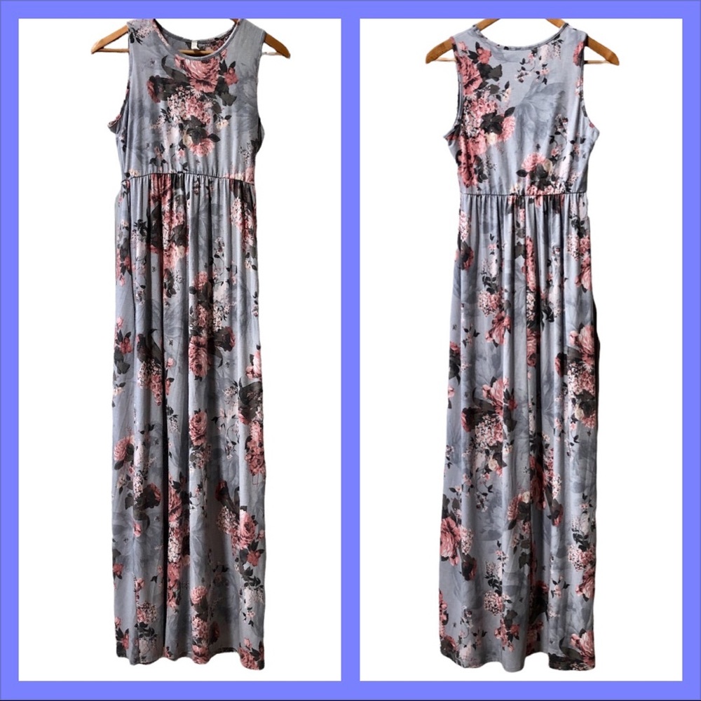 Sleeveless Floral Maxi Dress in Gray and Pink